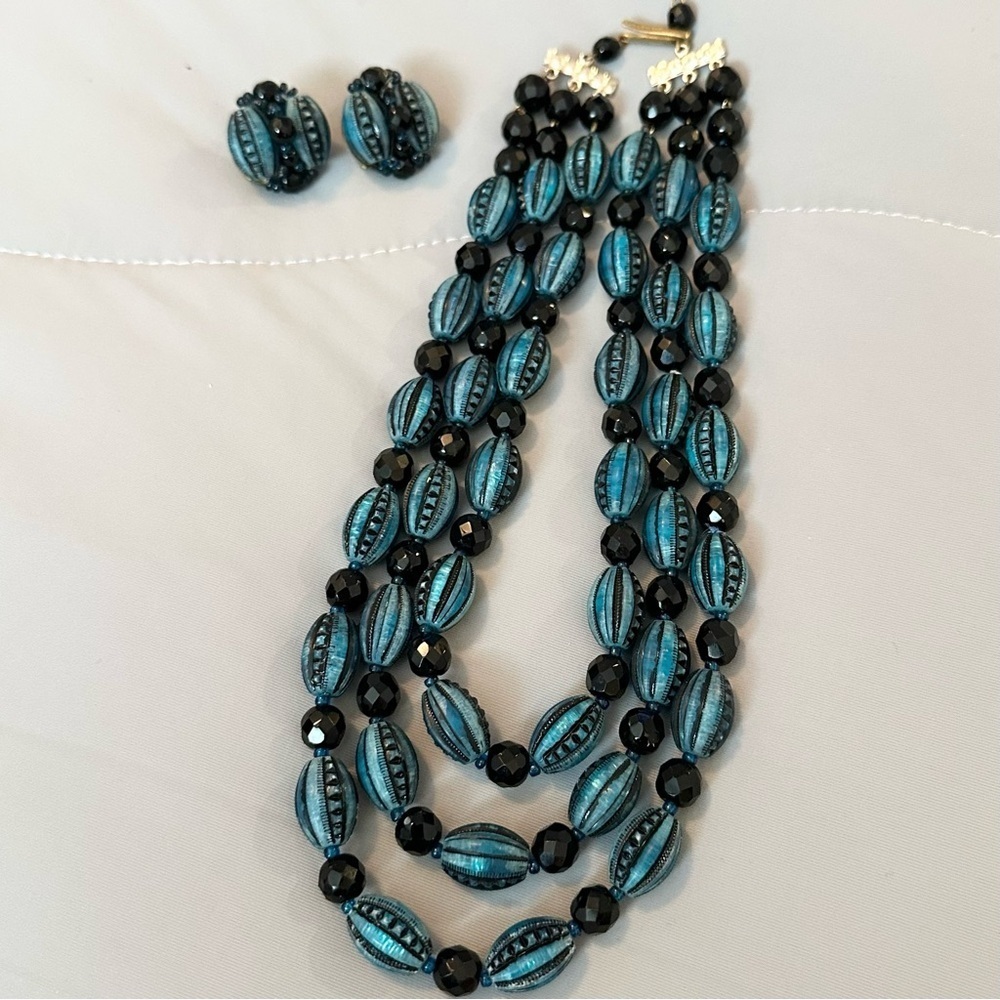Vintage Set Art Deco Beaded 3 Strand Necklace & Clip On Earrings West Germany